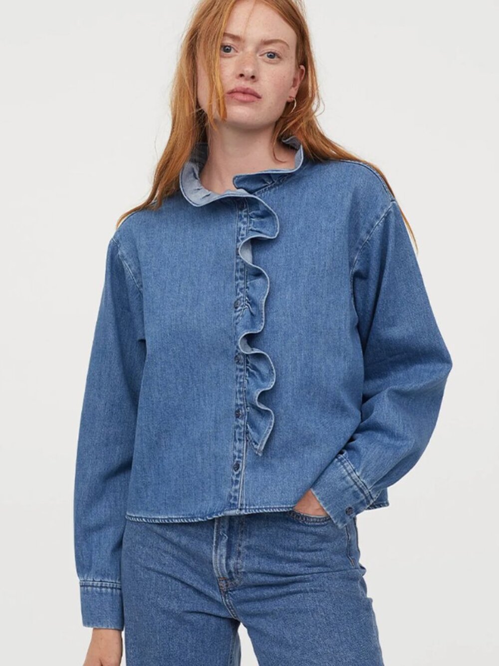 H&M Frill-Trimmed Denim Long Sleeve Button Down Shirt - Size Medium